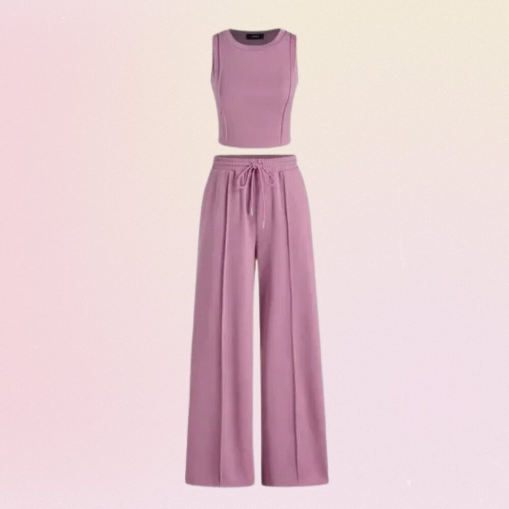 Cider Stitch Tank Top & Elastic Waist Pants Lounge Set – Purple (L)